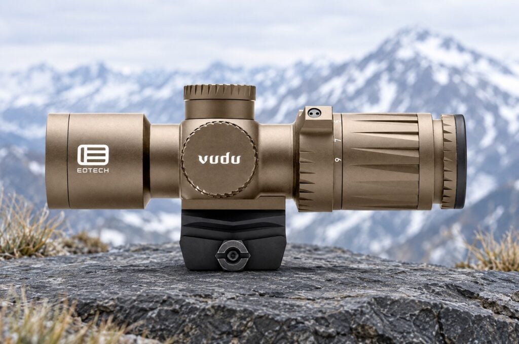 Tan EOTech Vudu 3-9 power compact rifle scope standing on its built-in mount on a slate rock
