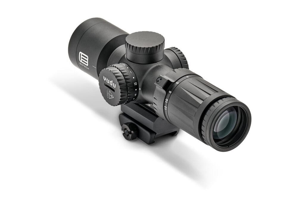 EOTech Vudu 4-12 power first focal plane scope showing its integrated mount base