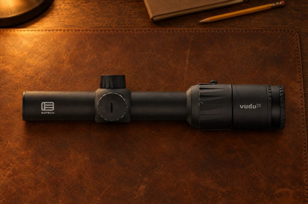 EOTech Vudu X 1-6 power second focal plane rifle scope on a brown leather desk pad