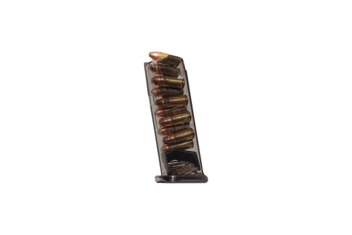 ETS 10-round Carbon Smoke magazine loaded with 9mm for the Glock 43X and 48
