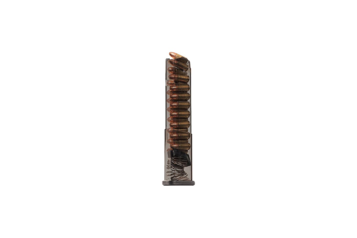 ETS 19-round Carbon Smoke magazine loaded with 9mm for the Glock 43X and 48