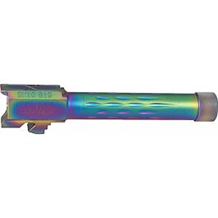 Faxon flame-fluted threaded barrel for the Glock 19 in a chameleon finish