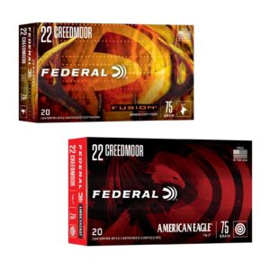 Federal 22 Creedmoor boxes: Fusion 75-grain bonded soft point and American Eagle 75-grain TMJ, 20 rounds each