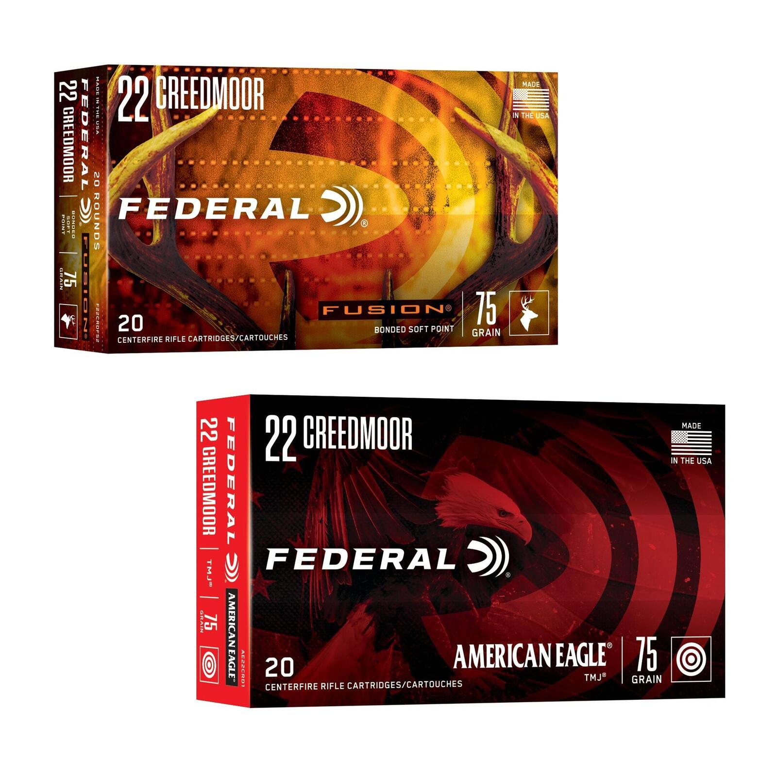Federal 22 Creedmoor boxes: Fusion 75-grain bonded soft point and American Eagle 75-grain TMJ, 20 rounds each
