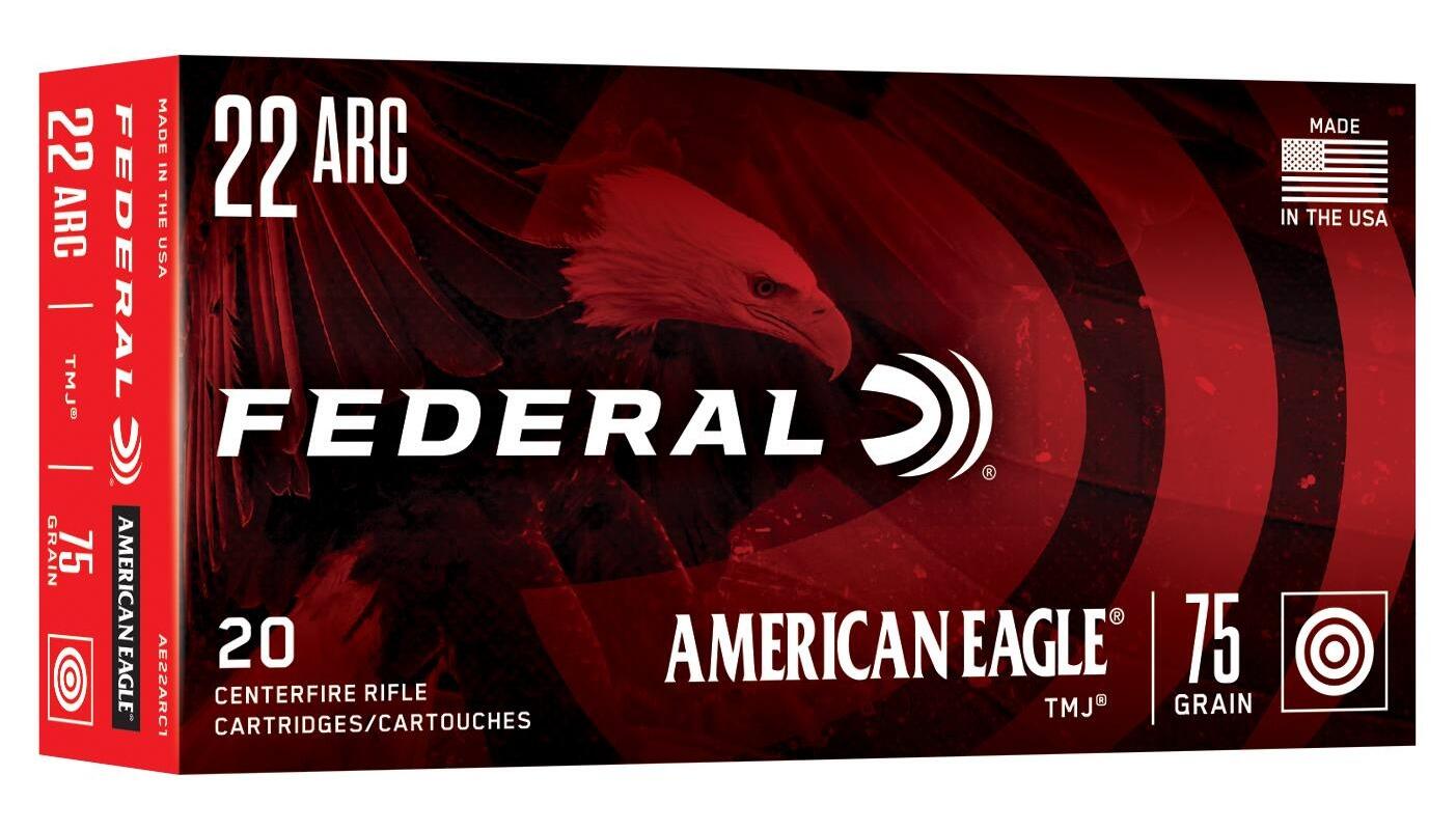 Box of Federal American Eagle 22 ARC 75 grain TMJ centerfire rifle ammo, 20 cartridges, part AE22ARC1