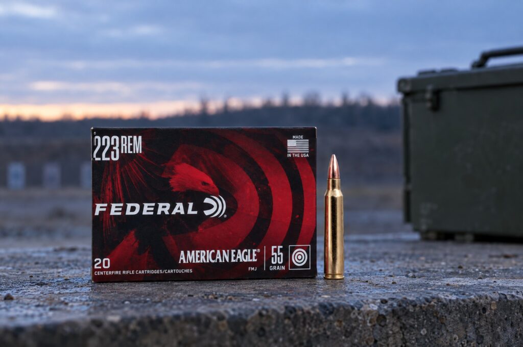 Federal American Eagle 223 Rem 55 grain FMJ box and one cartridge on a concrete firing line at dawn