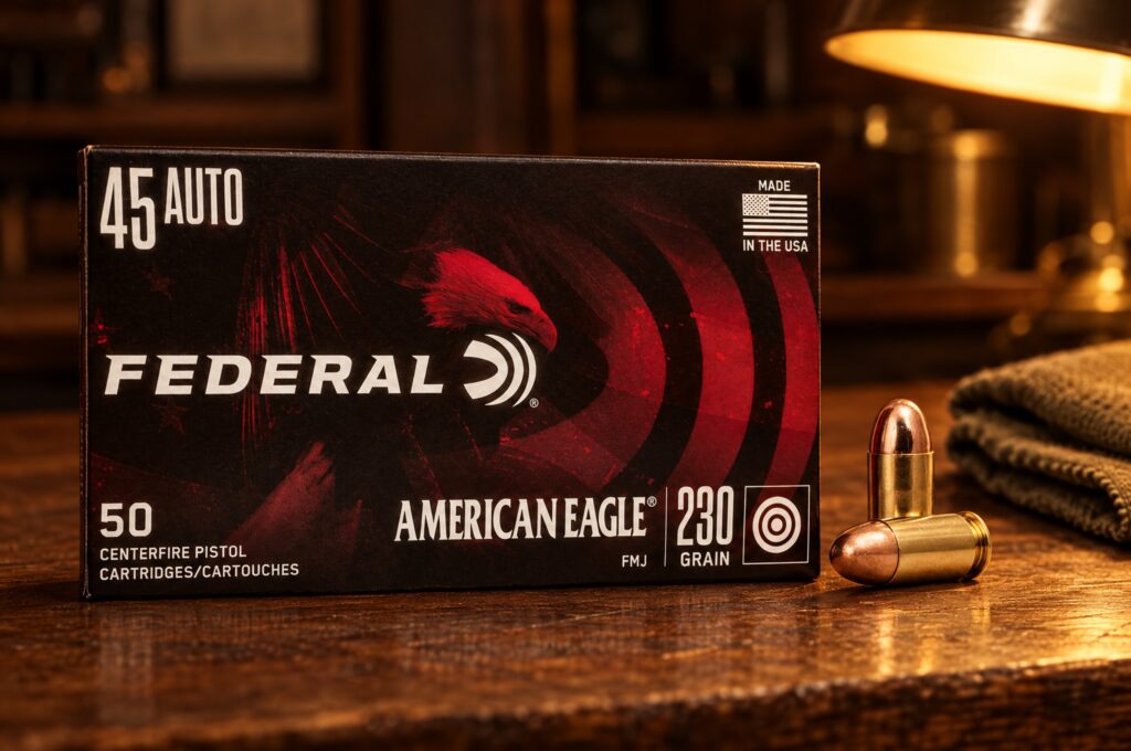 Federal American Eagle 45 Auto 230 grain FMJ box and two cartridges on an oak table under a desk lamp