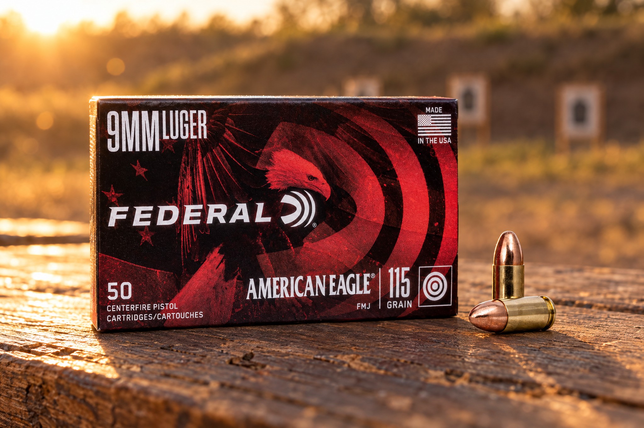 Federal American Eagle ammo review: 9mm Luger 115 grain FMJ box and two cartridges on a wooden shooting bench at golden hour
