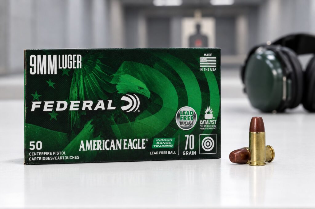 Federal American Eagle Indoor Range Training Lead Free 9mm Luger 70 grain box and cartridges on a white indoor range bench
