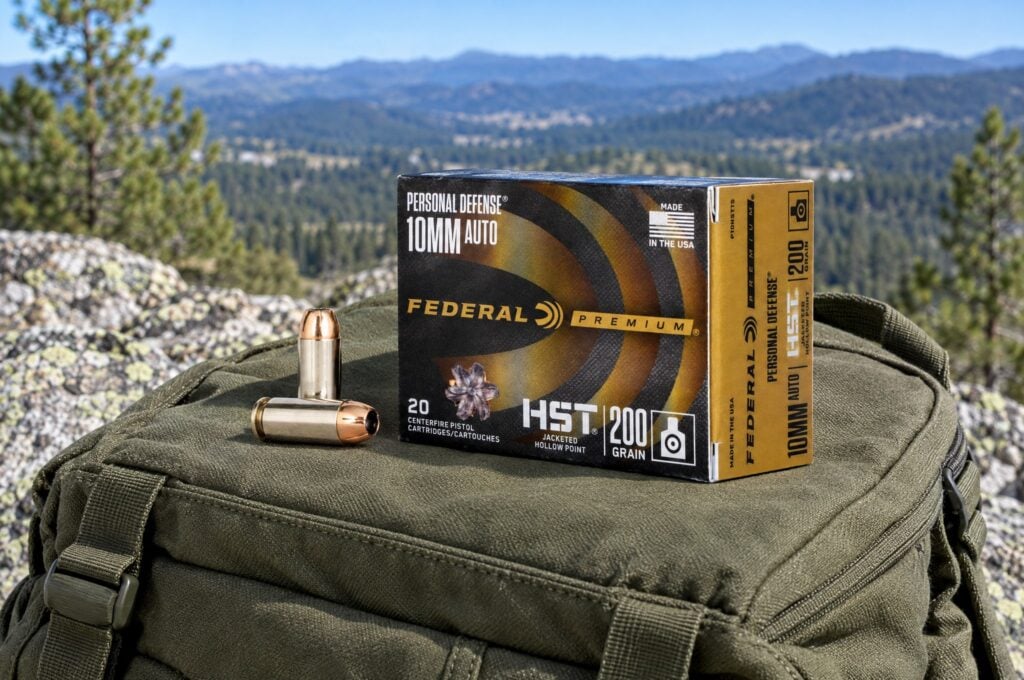 Personal Defense HST 10mm Auto 200 grain box and two cartridges on a backpack above a pine valley
