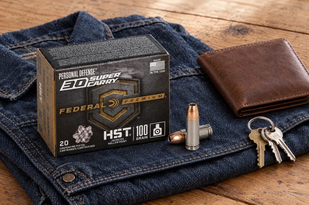 Personal Defense HST 30 Super Carry 100 grain box and two cartridges on a denim jacket beside a wallet and keys