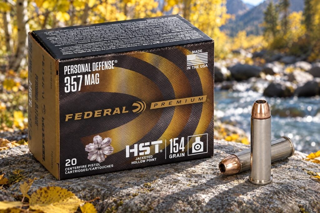 Personal Defense HST 357 Magnum 154 grain box and two cartridges on a river stone by an autumn creek