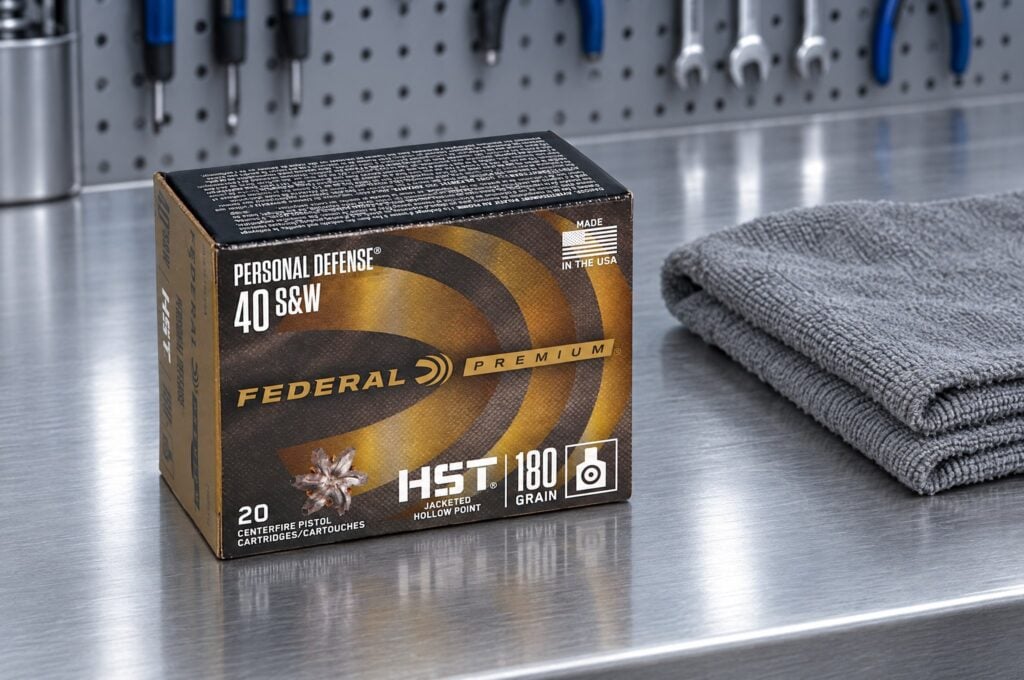 Personal Defense HST 40 S&W 180 grain box on a stainless steel workbench beside a folded gray shop rag