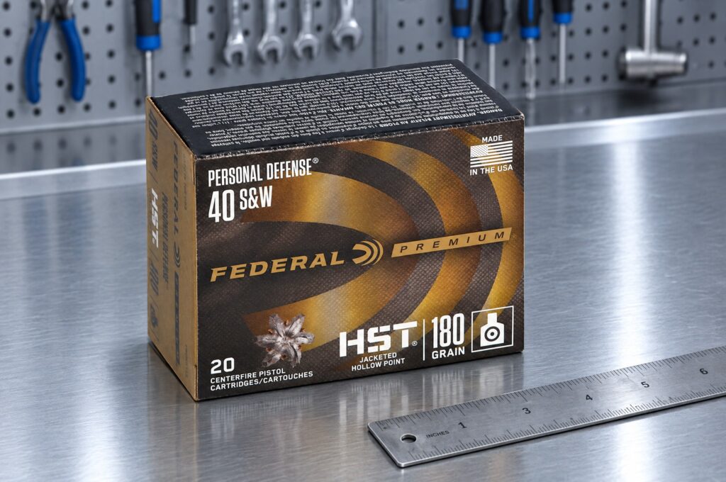 Personal Defense HST 40 S&W 180 grain box on a stainless steel workbench beside a steel ruler