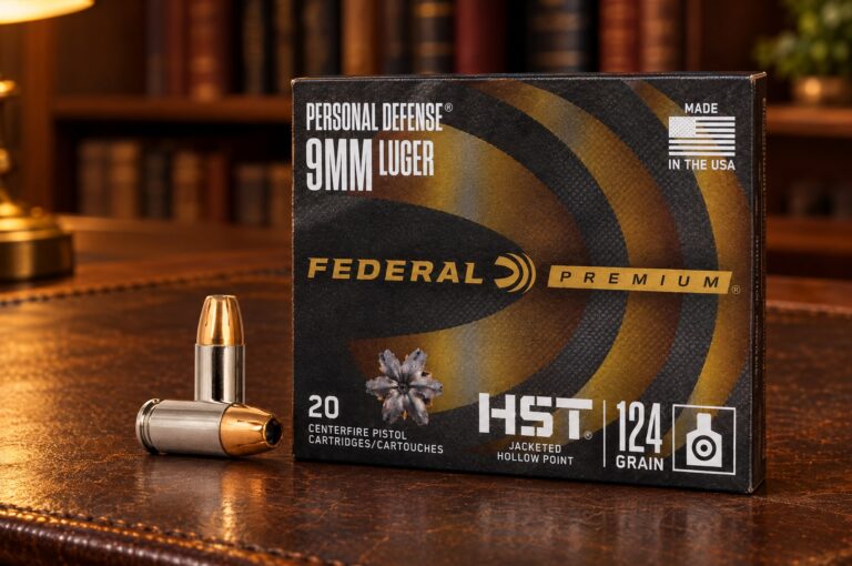 Federal HST review: Personal Defense HST 9mm Luger 124 grain box and two cartridges on a leather desk in lamplight