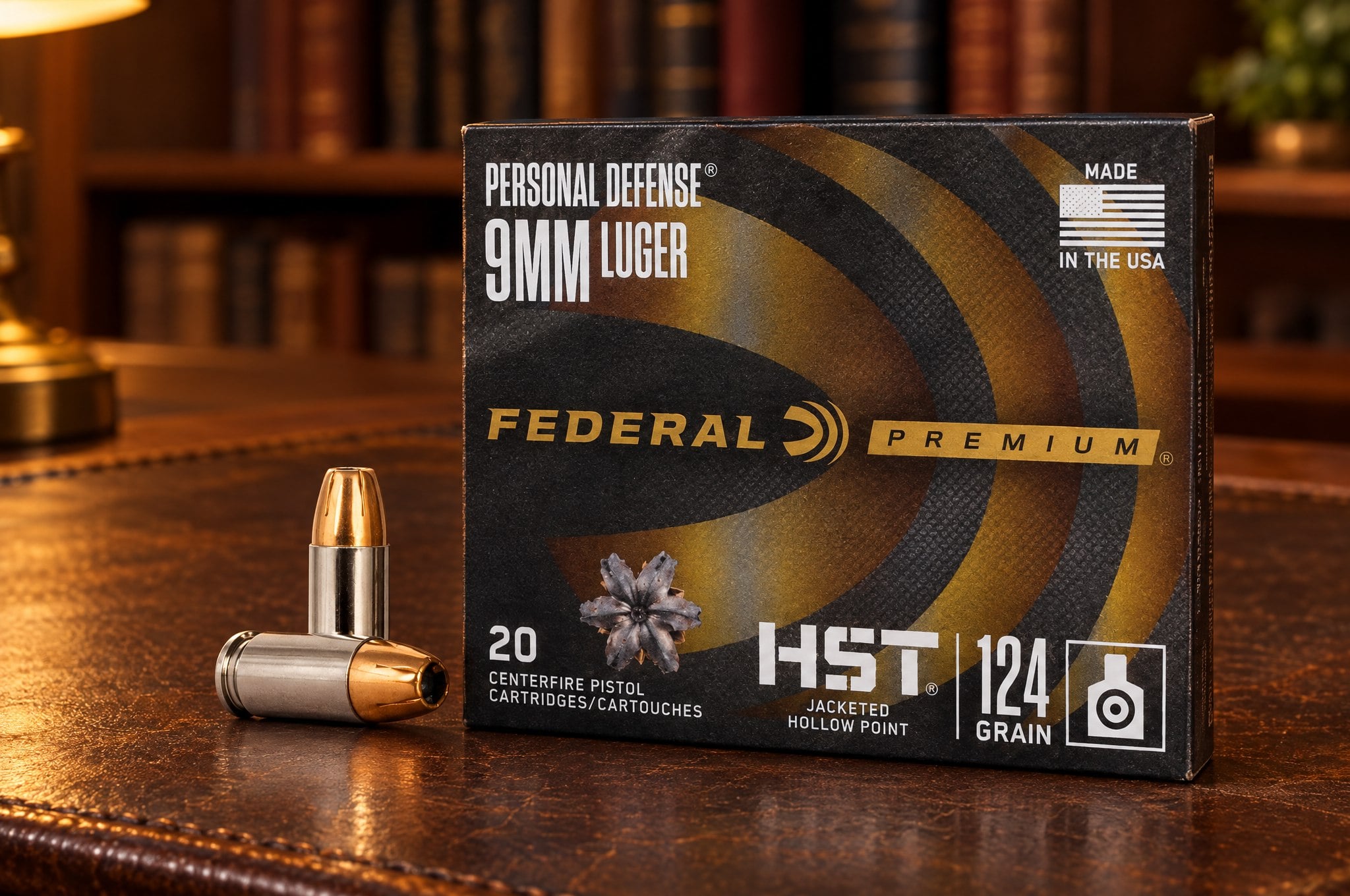 Federal HST review: Personal Defense HST 9mm Luger 124 grain box and two cartridges on a leather desk in lamplight