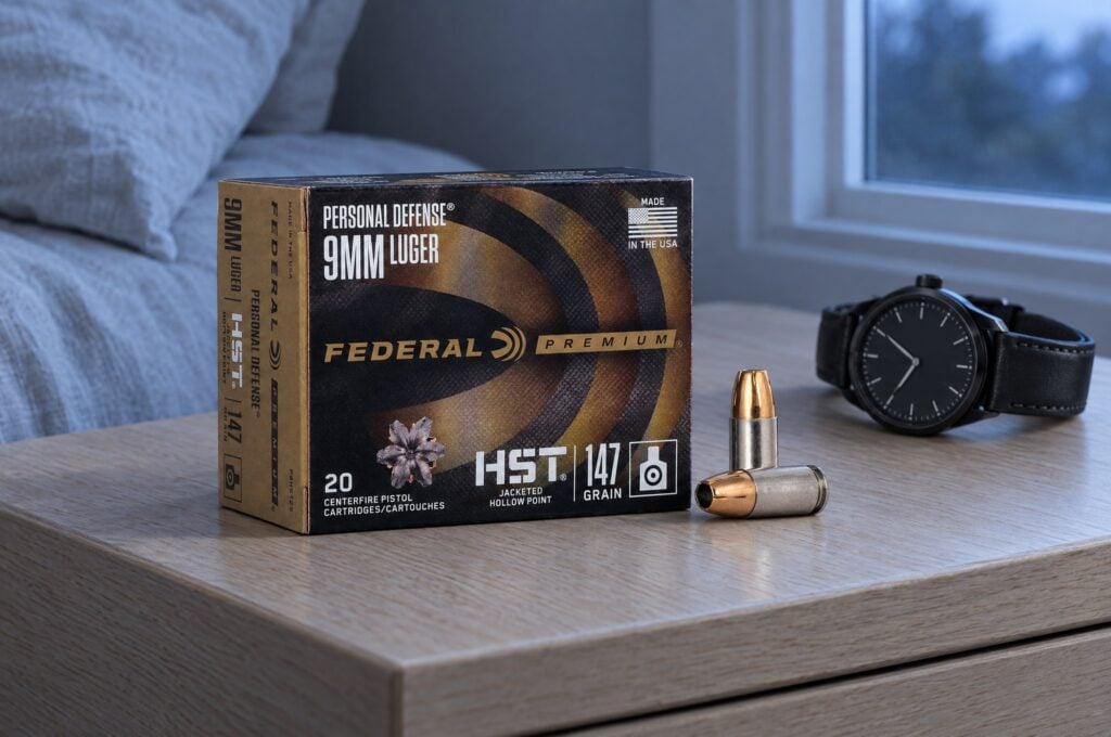 Federal HST review: Personal Defense HST 9mm Luger 147 grain box and two cartridges on an oak nightstand at dawn
