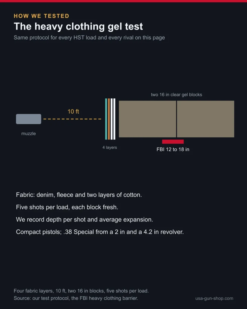 Diagram of our heavy clothing gel test: four fabric layers, 10 feet, two gel blocks, 12 to 18 inches