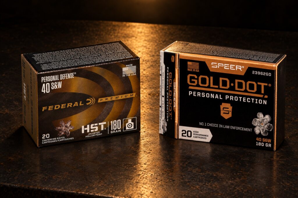 Federal HST 40 S&W 180 grain box beside a Speer Gold Dot Personal Protection 40 S&W 180 GR box on a steel table under a work lamp