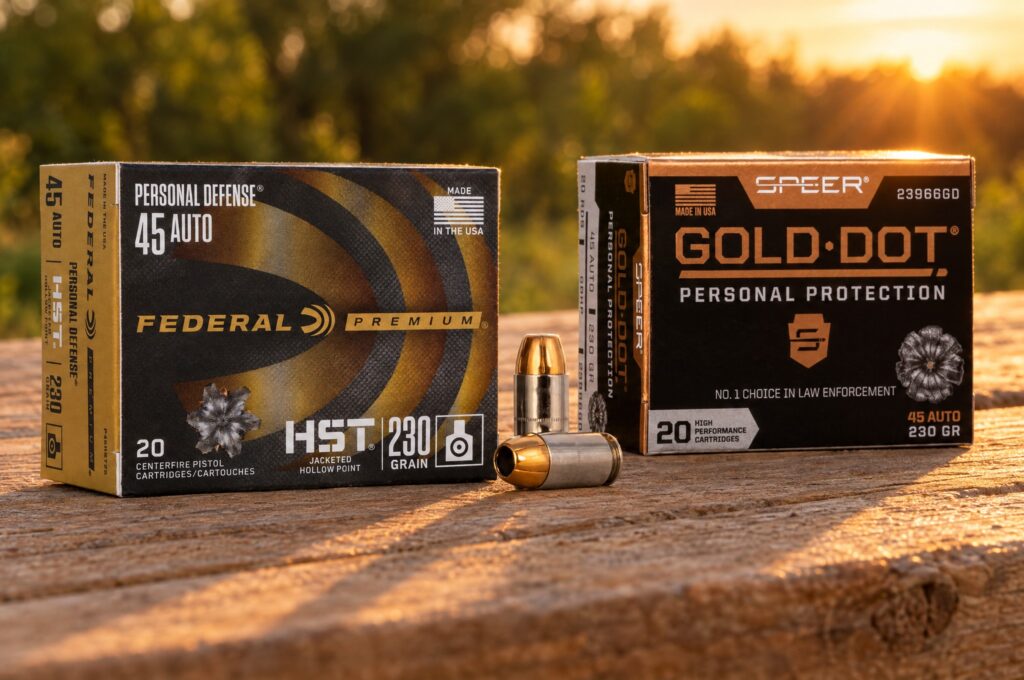 Federal HST 45 Auto 230 grain box and two cartridges with a Speer Gold Dot 45 Auto 230 GR box on a wooden bench at sunset
