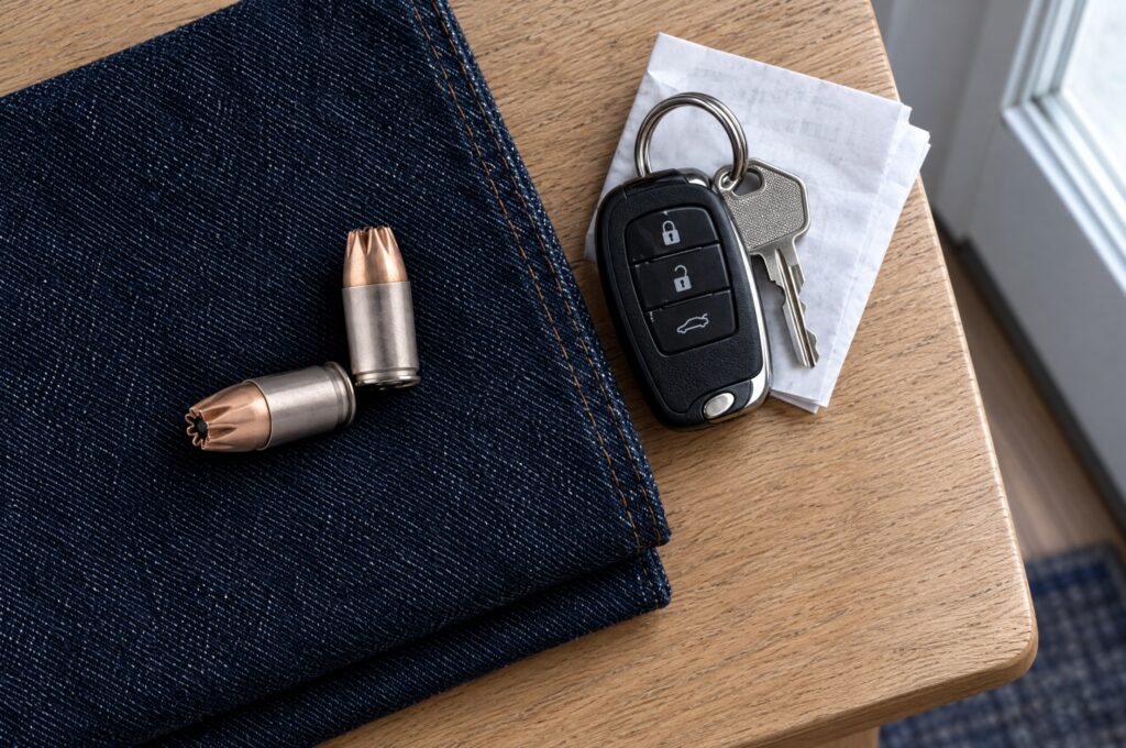 Federal Hydra-Shok Deep 380 Auto 99 gr cartridges on denim beside car keys