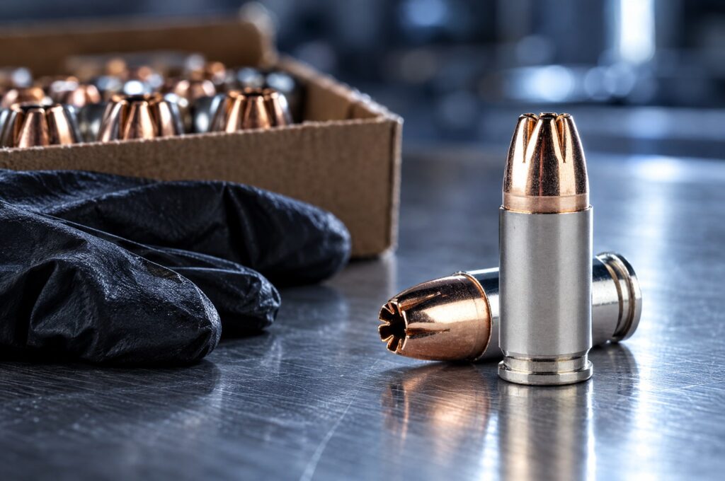 Federal Hydra-Shok Deep 9mm 135 gr cartridges on a brushed steel bench