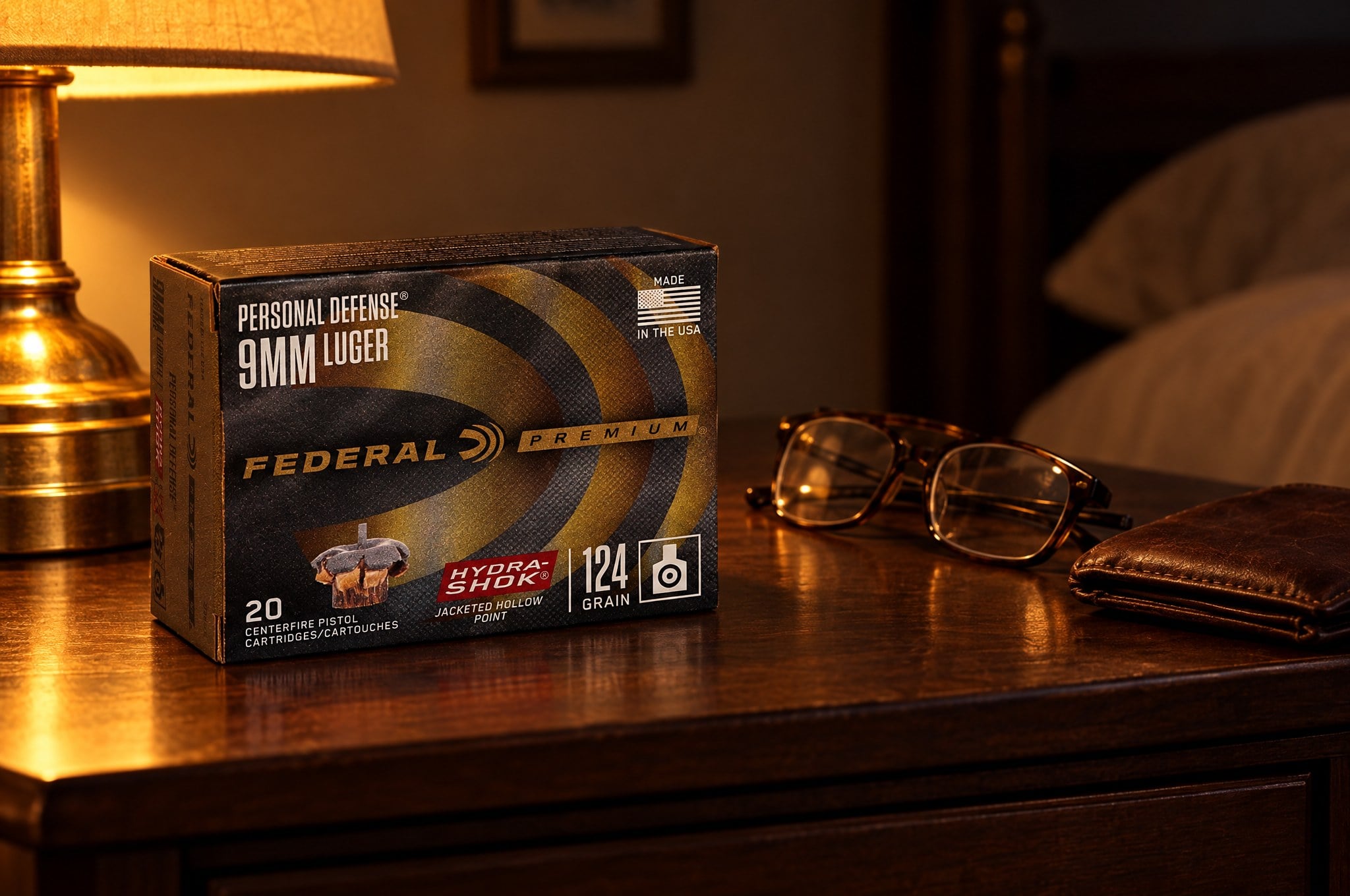Federal Hydra-Shok review: a box of Federal Personal Defense Hydra-Shok 9mm 124 gr on a walnut nightstand by lamplight