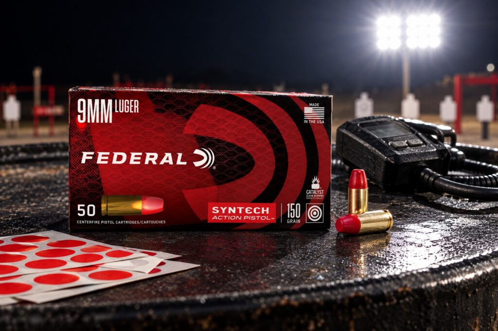 Federal Syntech Action Pistol 9mm Luger 150 grain box and cartridges on a match prop barrel with a shot timer and target pasters