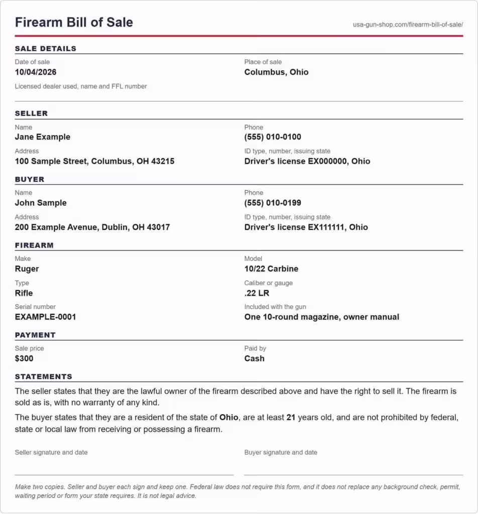 A completed firearm bill of sale filled in with example details for a Ruger 10/22 Carbine