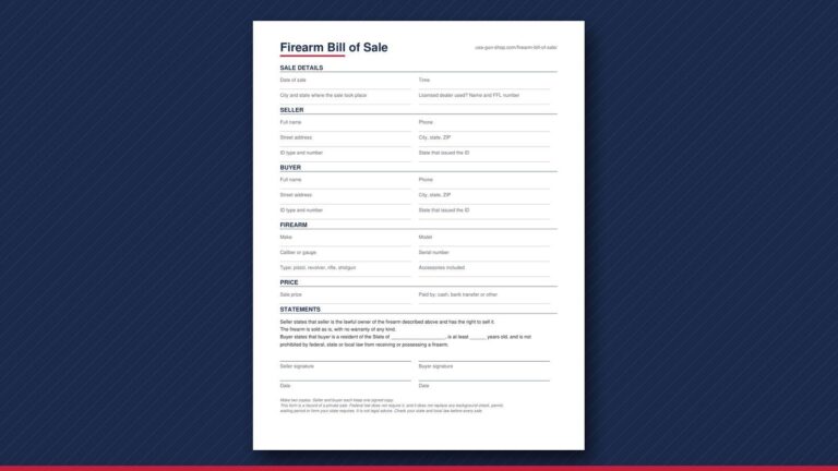 Blank USA Gun Shop firearm bill of sale form on a navy background