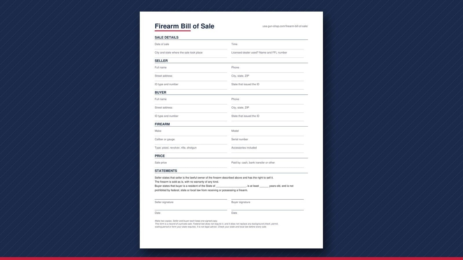 Blank USA Gun Shop firearm bill of sale form on a navy background