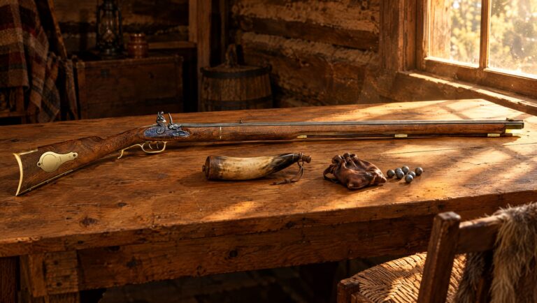 Flintlock guns: a Traditions Deluxe Kentucky flintlock rifle on a pine cabin table with a powder horn and lead balls