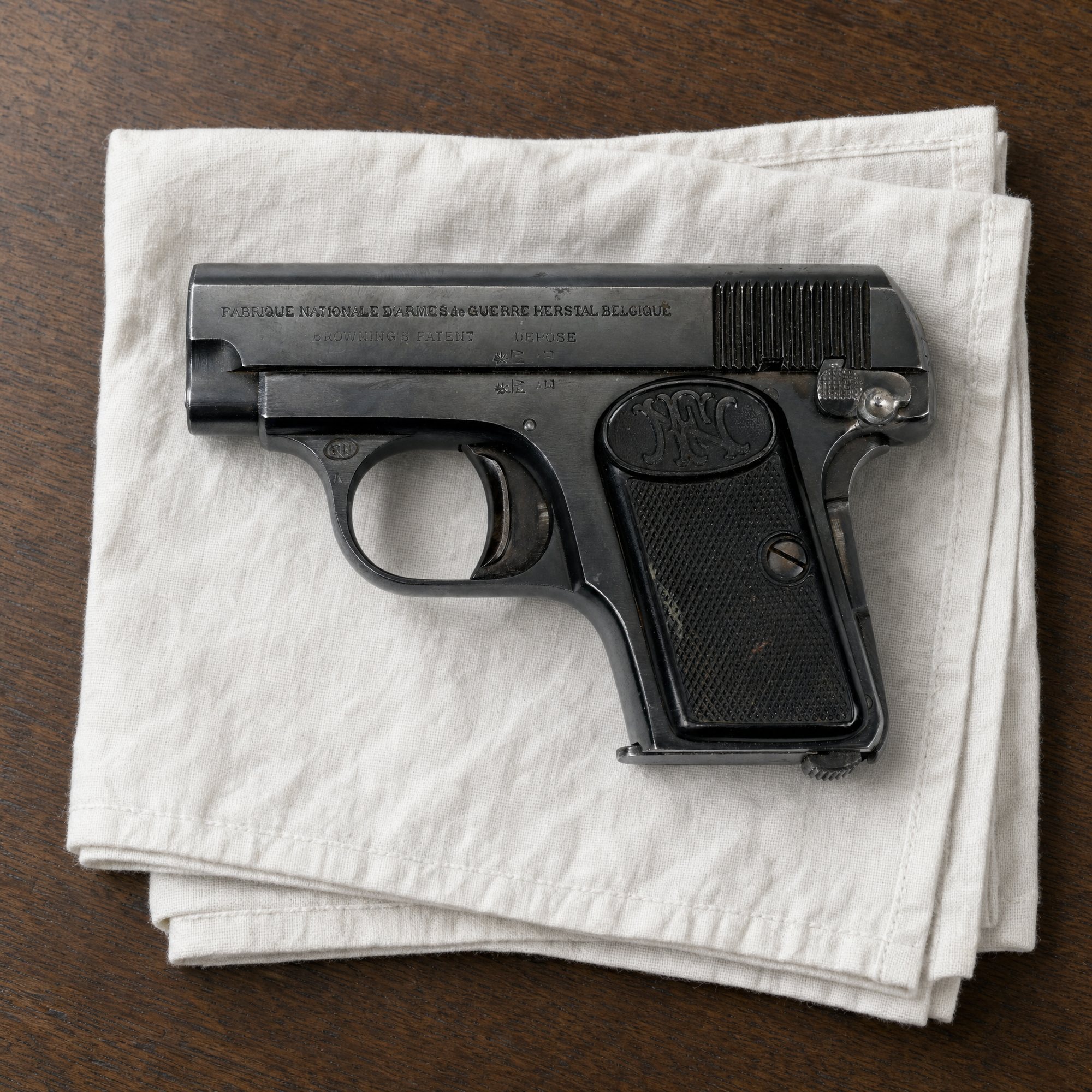 Blued FN Browning Model 1906 pistol in 6.35 mm on a white linen handkerchief