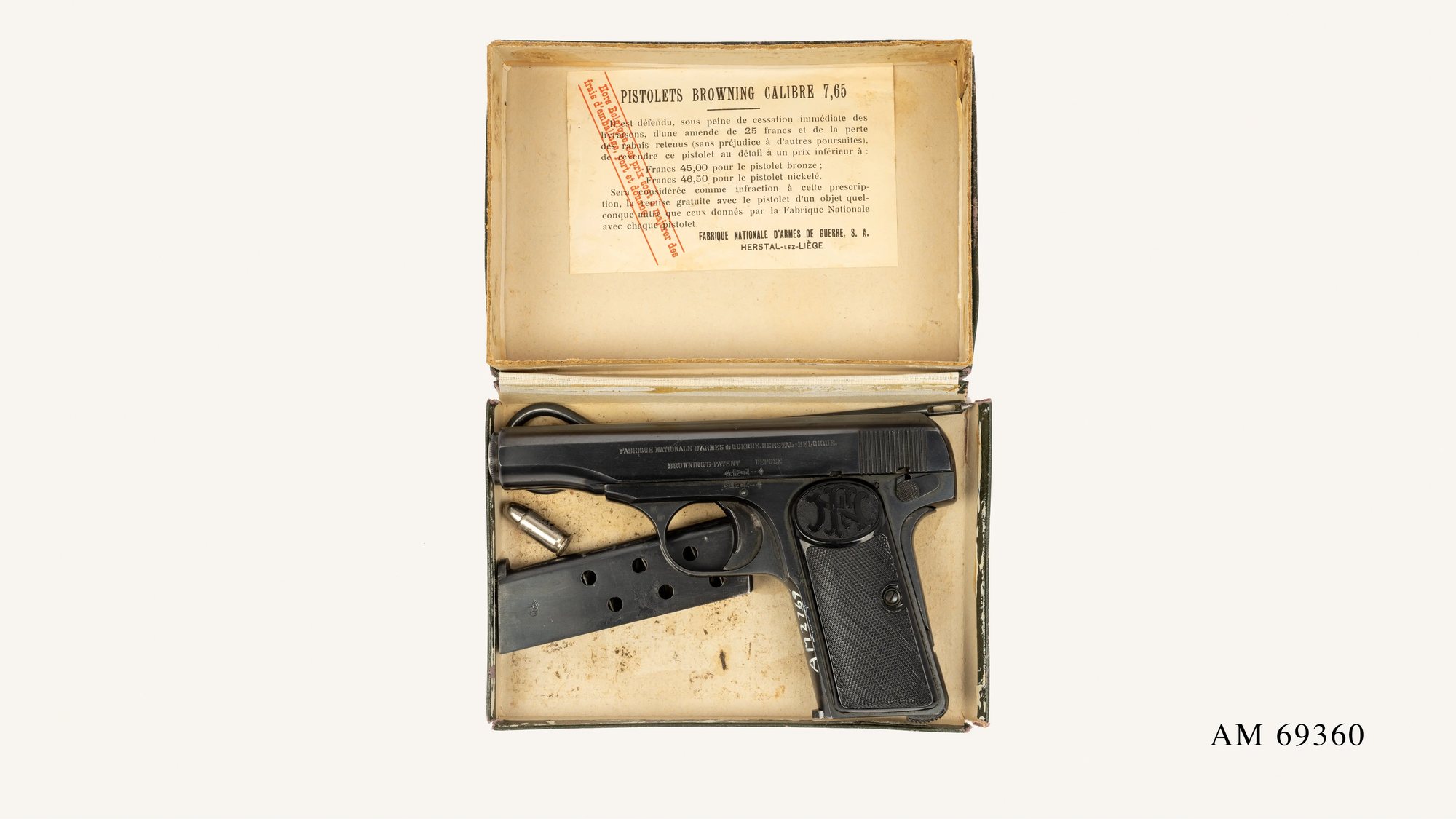 Original FN carton for a Browning 7.65 pistol with the pistol in its tray