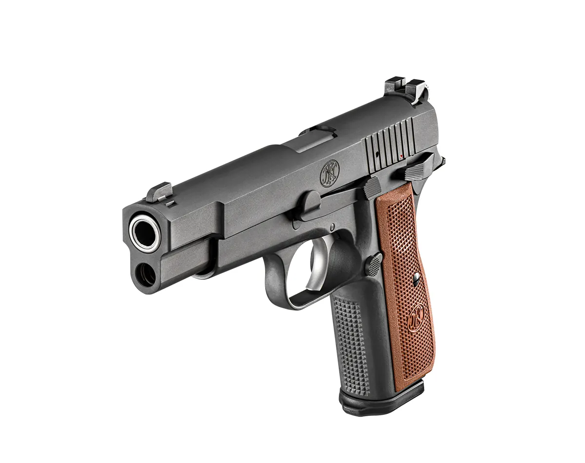 Black FN High Power with the included brown grip panels, front angle showing the keyhole muzzle, ring hammer and slide stop, FN photo