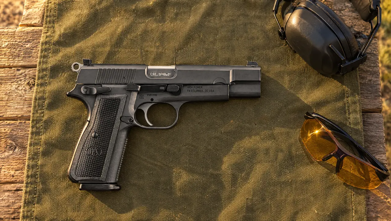Black FN High Power 9mm pistol, right side, frame marked High Power FN Columbia SC USA, lying on an olive canvas range mat beside electronic earmuffs and amber shooting glasses