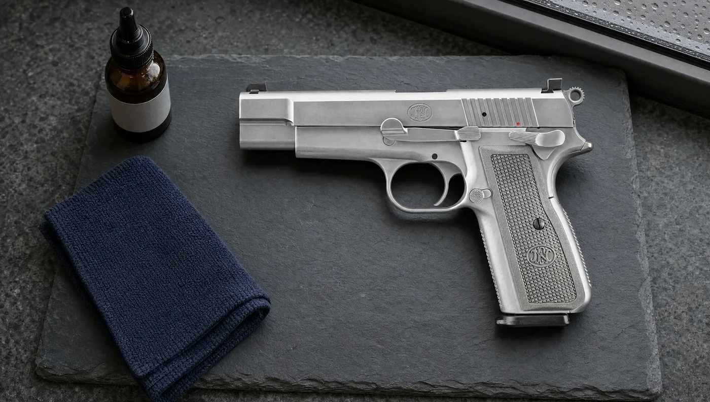 Stainless FN High Power 9mm pistol with gray grips, left side showing the FN monogram, lying on dark slate beside a navy cloth and a bottle of gun oil