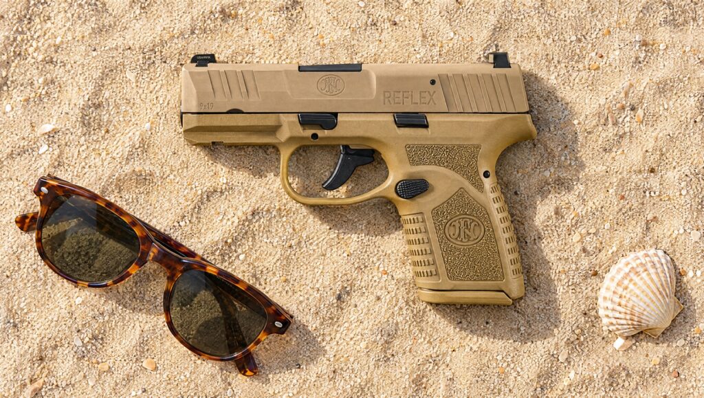 Flat dark earth FN Reflex pistol lying on beach sand beside sunglasses and a seashell