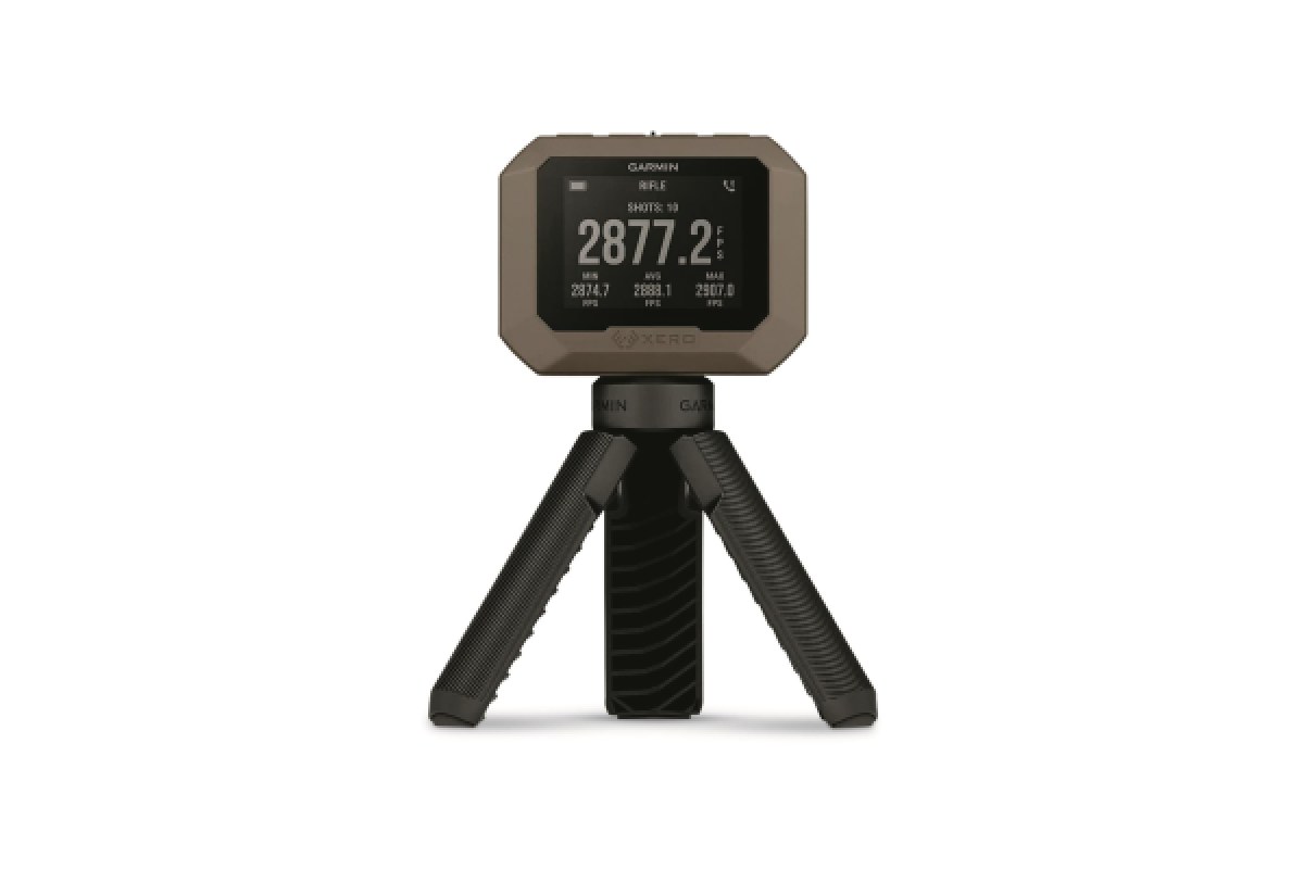 Garmin Xero C1 Pro radar chronograph on its tripod showing a rifle shot string