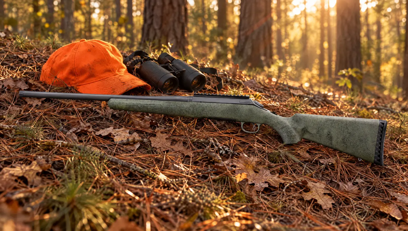 Glenfield Model A rifle lying on pine needles and oak leaves in a forest at golden hour beside an orange hat and binoculars