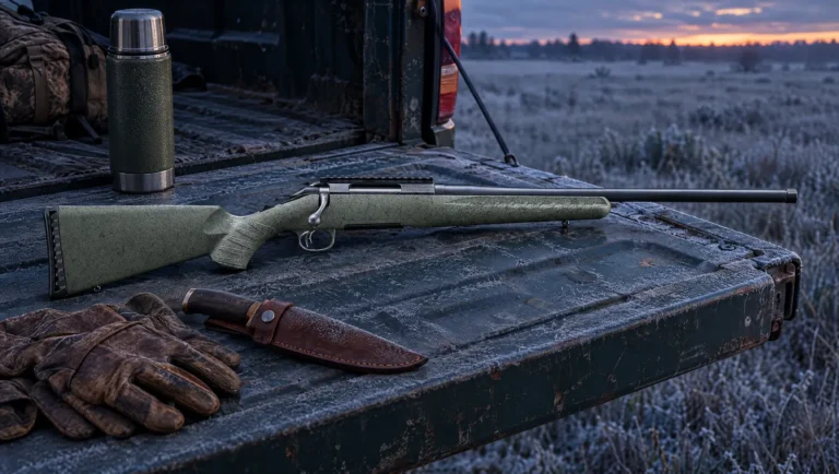 Glenfield Model A bolt action rifle with a Moss Green Splatter stock, matte black threaded barrel and Picatinny scope base lying on a pickup tailgate at dawn beside a thermos, knife and gloves