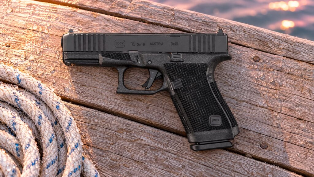 Black Glock 19 Gen 6 pistol lying on a wooden lake dock at sunrise