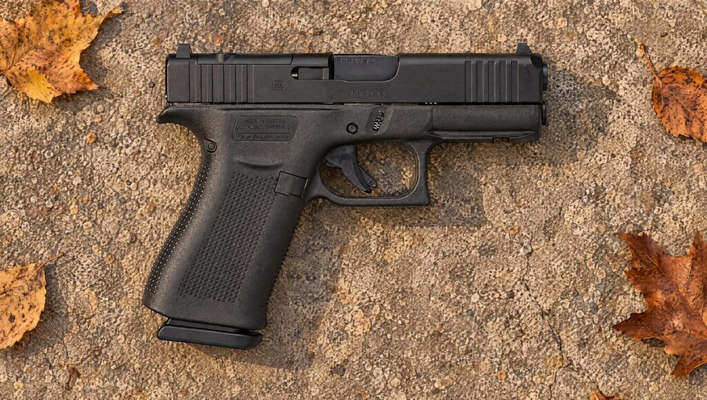 Black Glock 43X pistol lying on weathered concrete with autumn leaves at golden hour