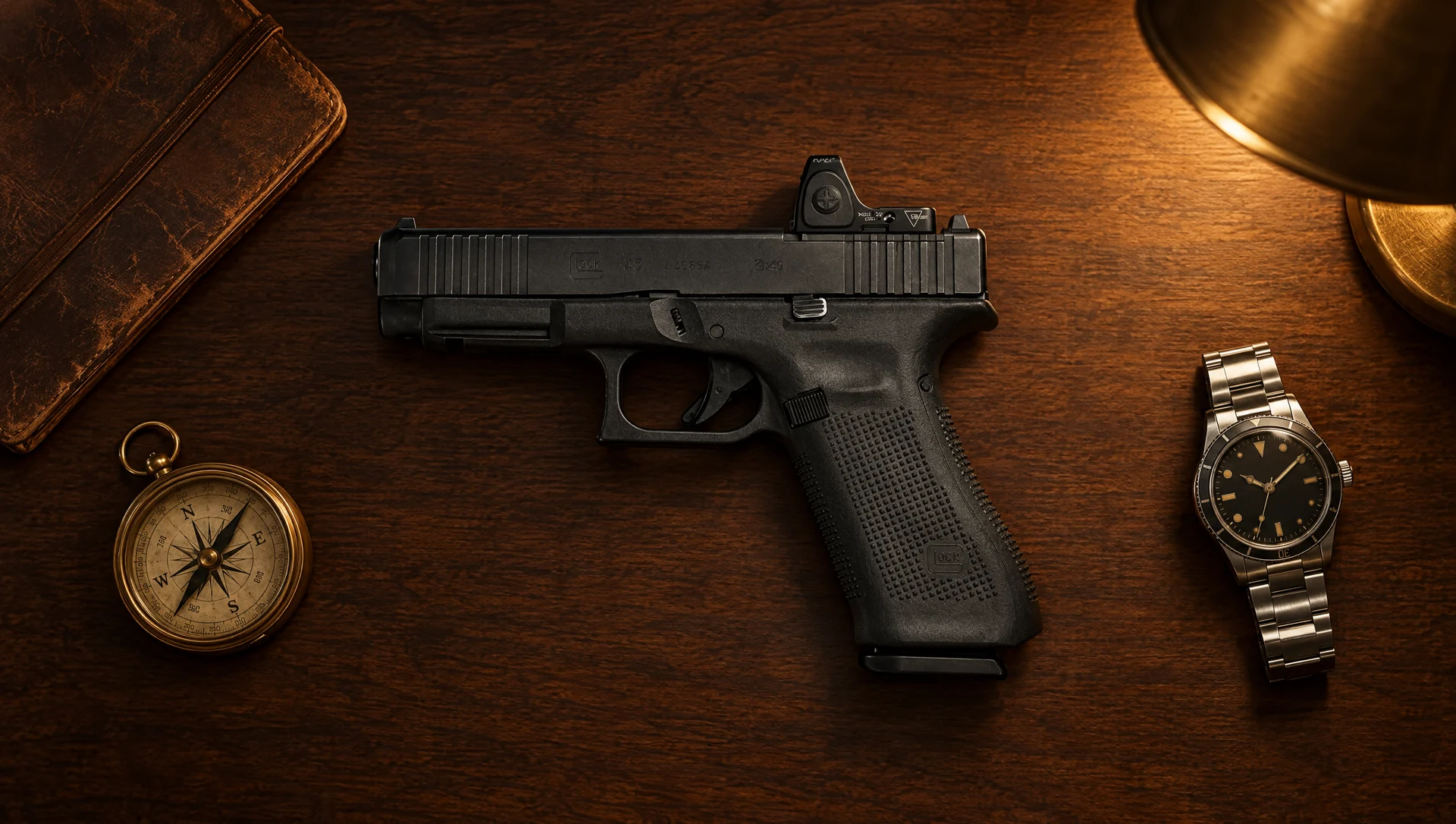 Glock 47 MOS 9mm with a red dot lying flat on a walnut desk beside a compass, a watch and a leather notebook