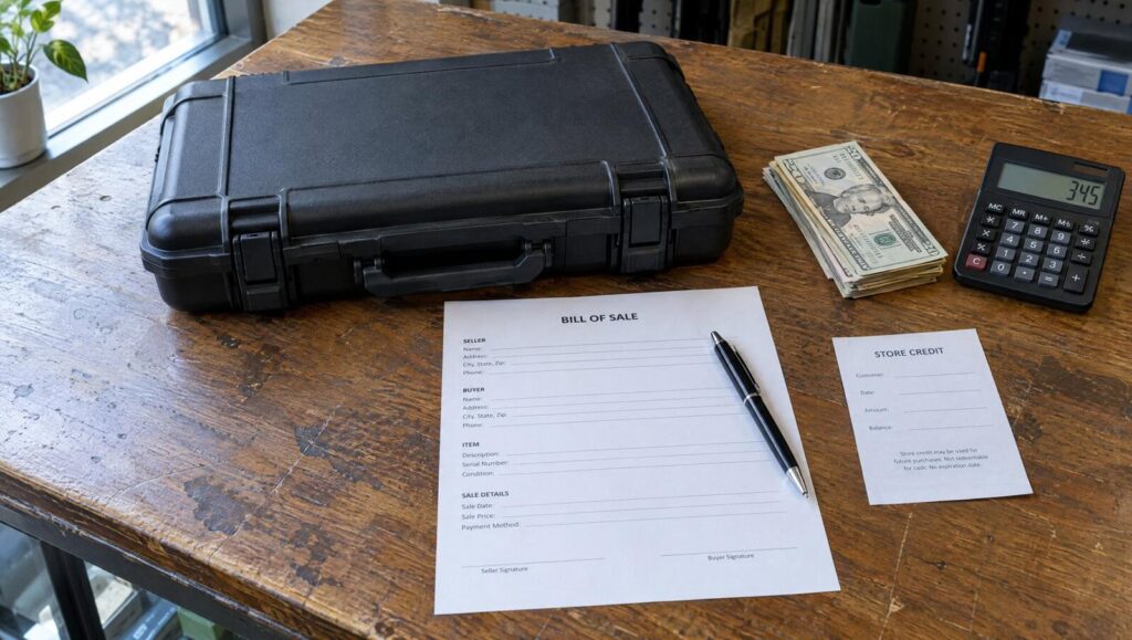 Closed black hard gun case on a wooden sales counter with a blank bill of sale, cash, a store credit slip and a calculator