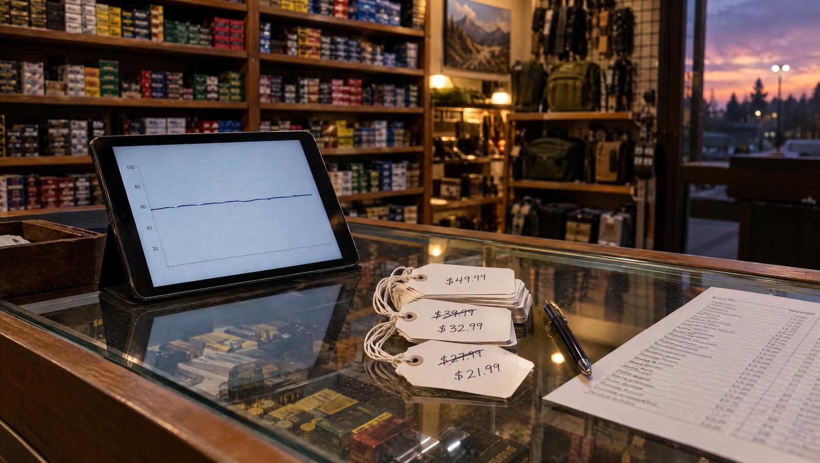Gun shop counter with a tablet showing a flat price chart, handwritten price tags with marked-down prices and a printed price list