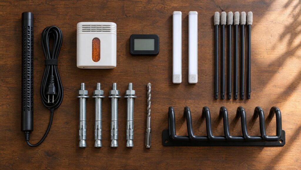 Dehumidifier rod, rechargeable desiccant unit, hygrometer, LED safe lights, anchor bolts, rifle rods and a pistol rack on a workbench