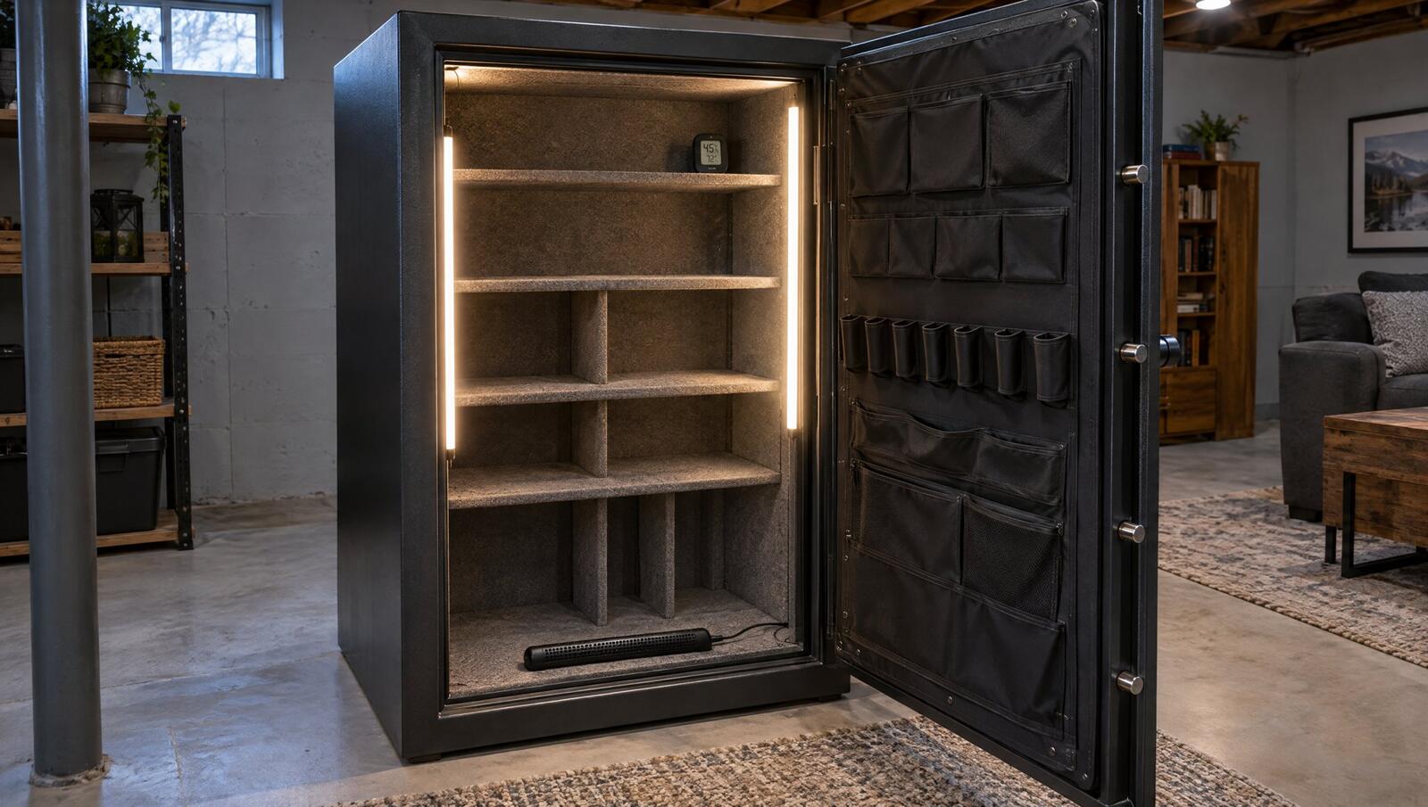 Open gun safe with LED light wands, a door panel organizer, a hygrometer and a dehumidifier rod installed