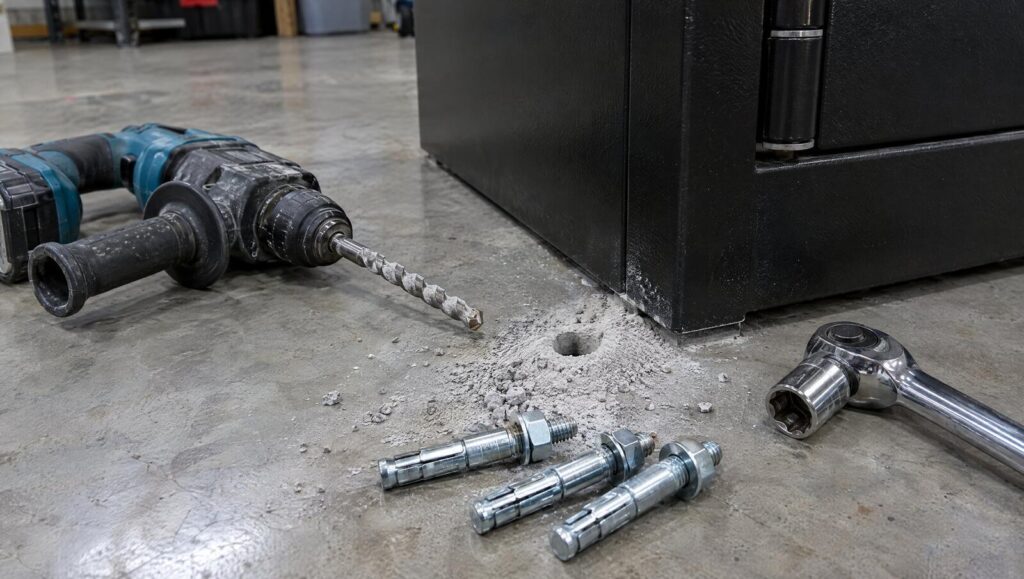 Hammer drill, concrete anchor bolts and a socket wrench at the base of a gun safe on a garage floor