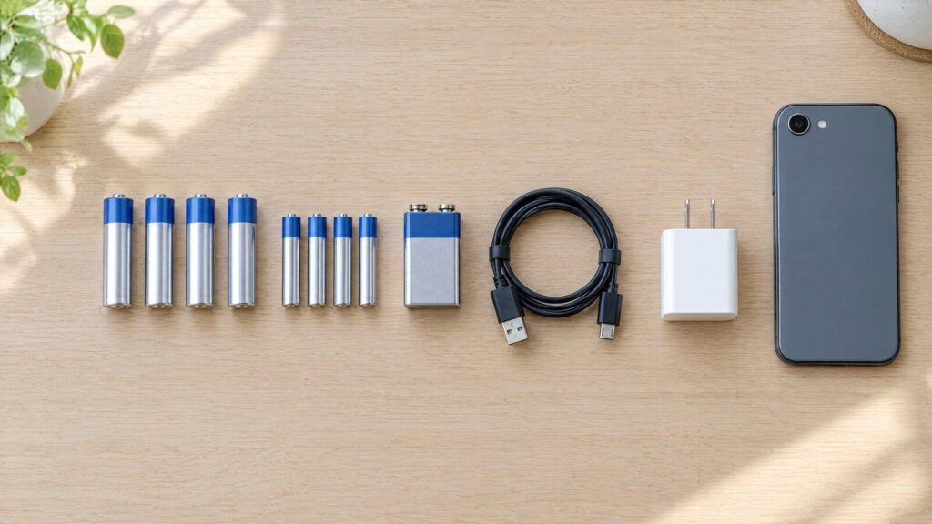 Four AA batteries, four AAA batteries, a 9V battery, a micro-USB cable, a wall adapter and a phone laid out on an oak desk
